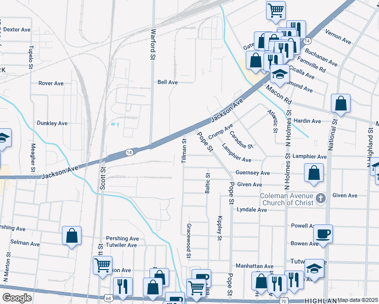 map of restaurants, bars, coffee shops, grocery stores, and more near 3040 Henry Ave in Memphis