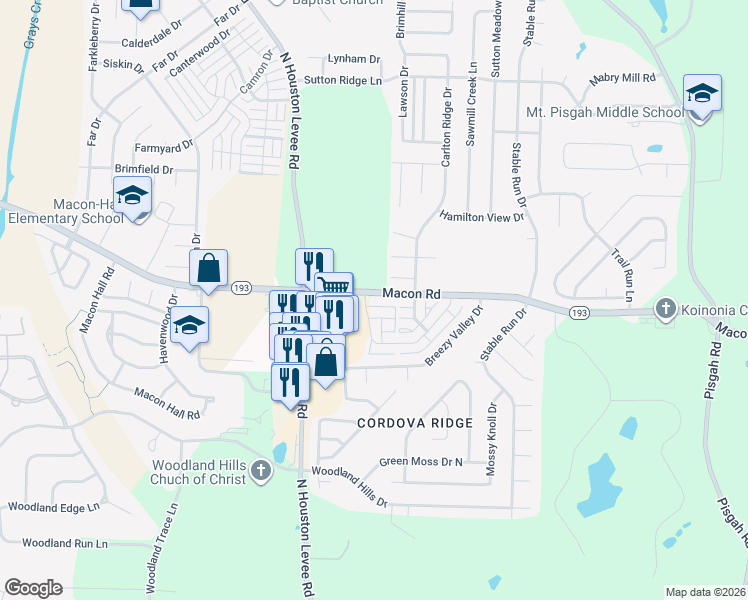 map of restaurants, bars, coffee shops, grocery stores, and more near 10171 Rathmore Drive in Shelby County