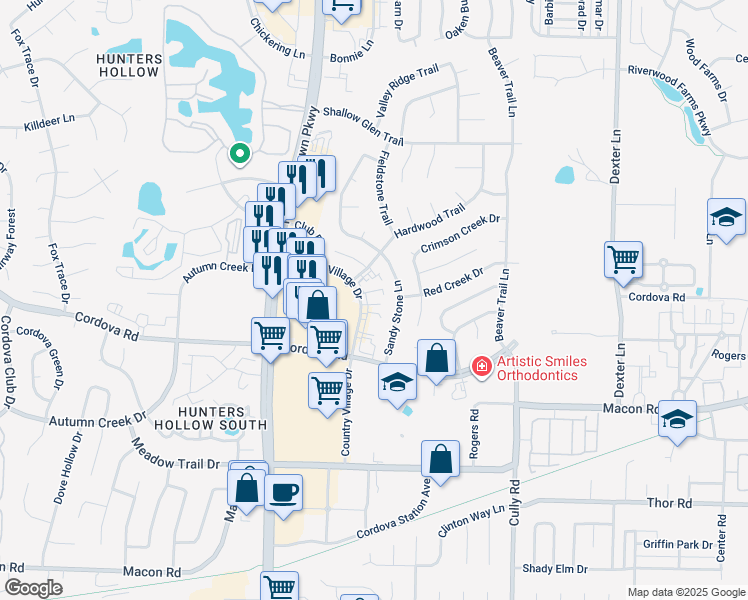 map of restaurants, bars, coffee shops, grocery stores, and more near 1316 Hardwood Trail in Memphis