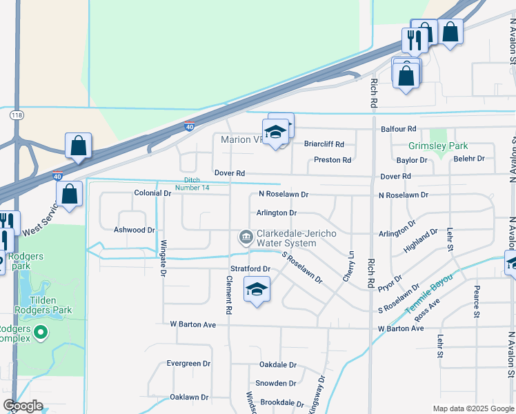 map of restaurants, bars, coffee shops, grocery stores, and more near 1204 West Roselawn Drive in West Memphis