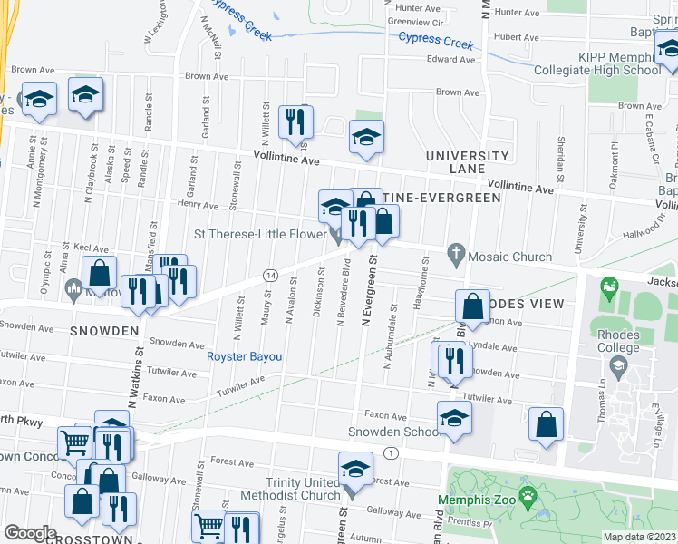 map of restaurants, bars, coffee shops, grocery stores, and more near 789 North Belvedere Boulevard in Memphis