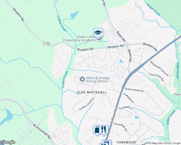 map of restaurants, bars, coffee shops, grocery stores, and more near 7100 Falling Tree Court in Charlotte