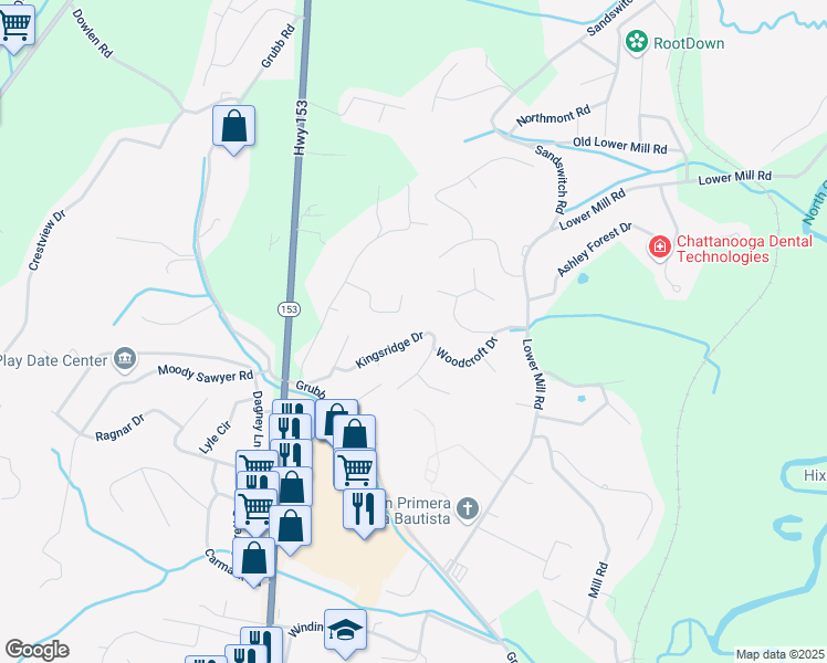 map of restaurants, bars, coffee shops, grocery stores, and more near 421 Kingsridge Drive in Chattanooga