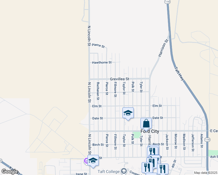 map of restaurants, bars, coffee shops, grocery stores, and more near 609 Pierce Street in Taft