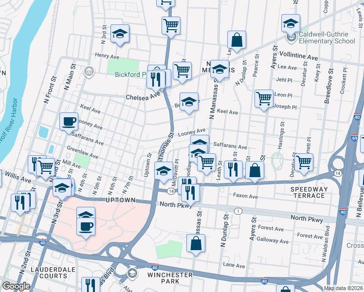 map of restaurants, bars, coffee shops, grocery stores, and more near 694 Saffarans Avenue in Memphis