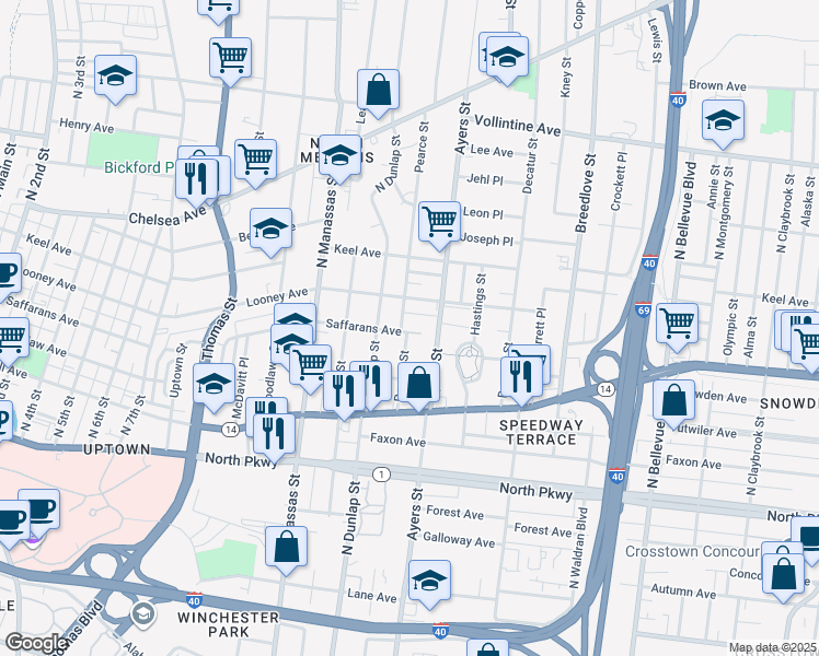 map of restaurants, bars, coffee shops, grocery stores, and more near 710 Pearce Street in Memphis