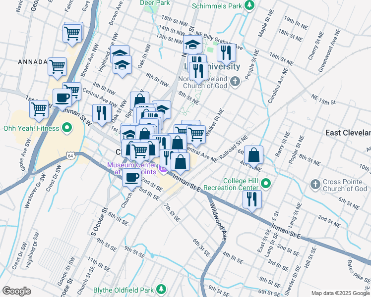 map of restaurants, bars, coffee shops, grocery stores, and more near 301 Central Avenue Northeast in Cleveland