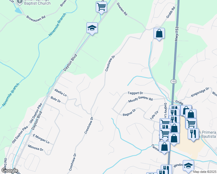 map of restaurants, bars, coffee shops, grocery stores, and more near 5904 Crestview Drive in Chattanooga