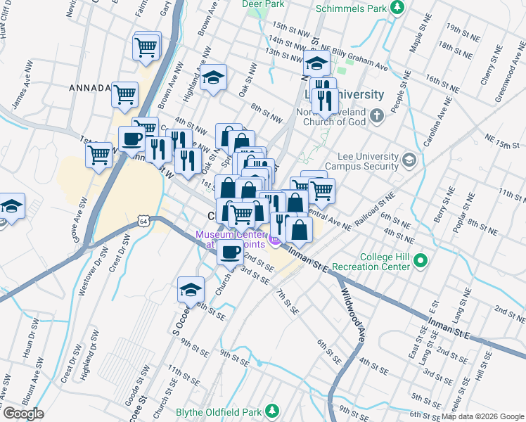 map of restaurants, bars, coffee shops, grocery stores, and more near 19 Church Street Northeast in Cleveland