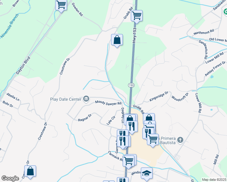 map of restaurants, bars, coffee shops, grocery stores, and more near 6319 Grubb Road in Chattanooga