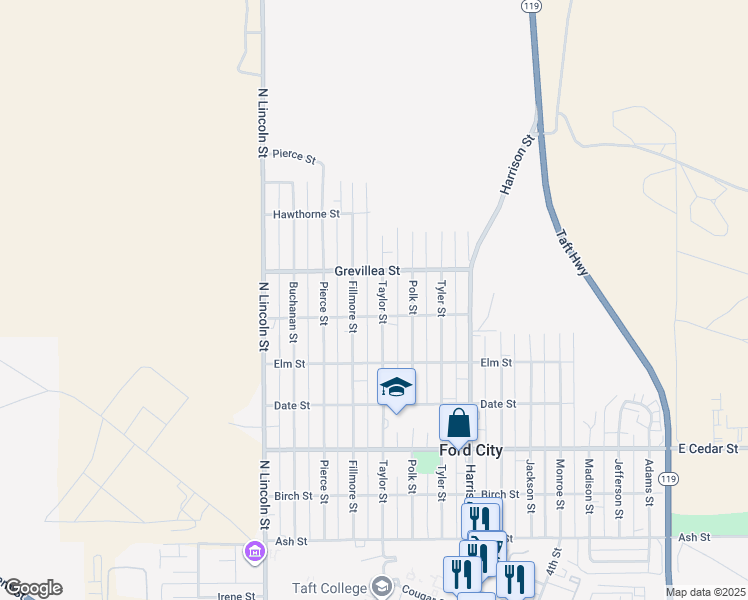 map of restaurants, bars, coffee shops, grocery stores, and more near 608 Taylor Street in Taft