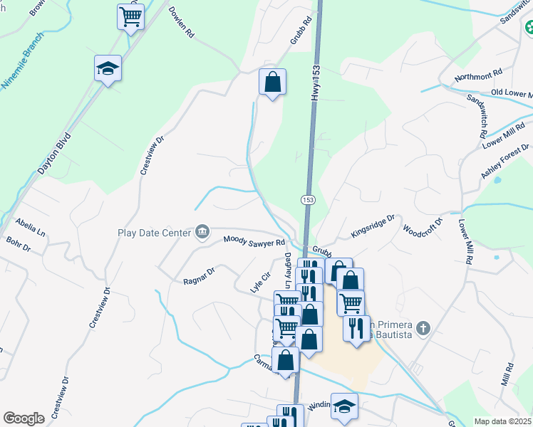 map of restaurants, bars, coffee shops, grocery stores, and more near 6319 Grubb Road in Chattanooga