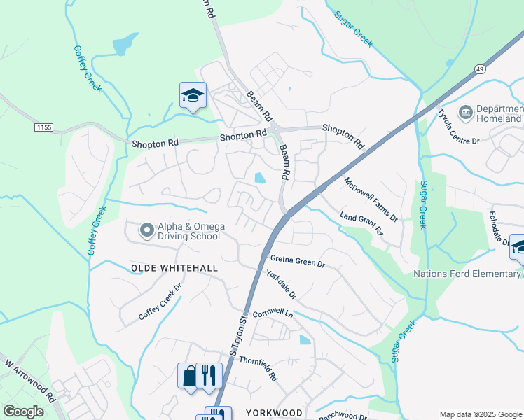 map of restaurants, bars, coffee shops, grocery stores, and more near 2335 Madeline Meadow Drive in Charlotte
