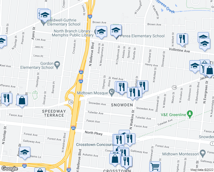 map of restaurants, bars, coffee shops, grocery stores, and more near 761 Alma Street in Memphis