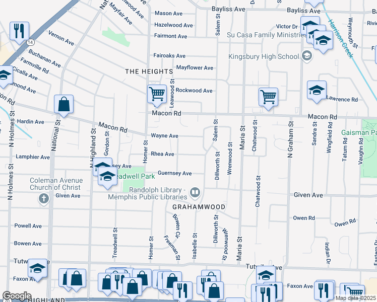 map of restaurants, bars, coffee shops, grocery stores, and more near 3740 Rhea Avenue in Memphis