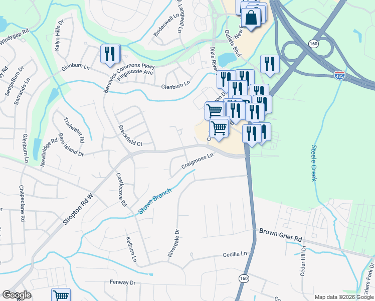 map of restaurants, bars, coffee shops, grocery stores, and more near 9849 Shopton Road West in Charlotte