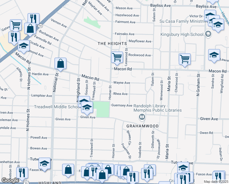 map of restaurants, bars, coffee shops, grocery stores, and more near 3658 Rhea Avenue in Memphis