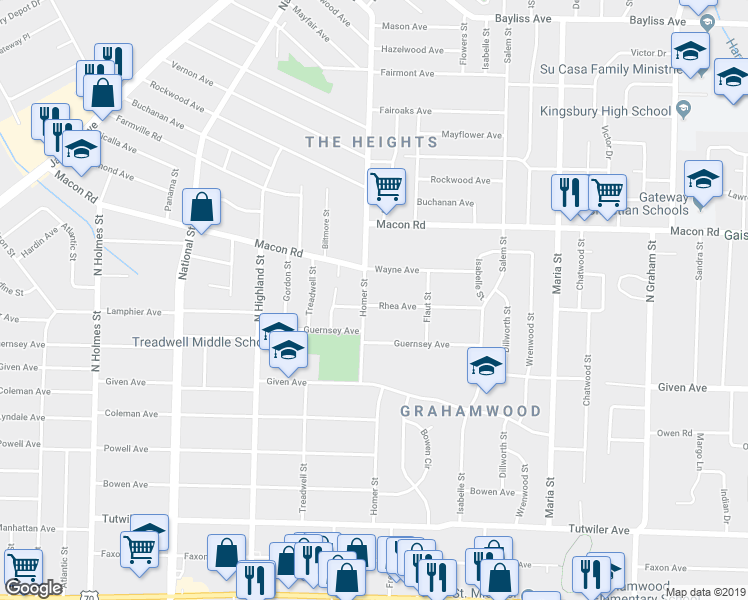 map of restaurants, bars, coffee shops, grocery stores, and more near 3658 Rhea Avenue in Memphis