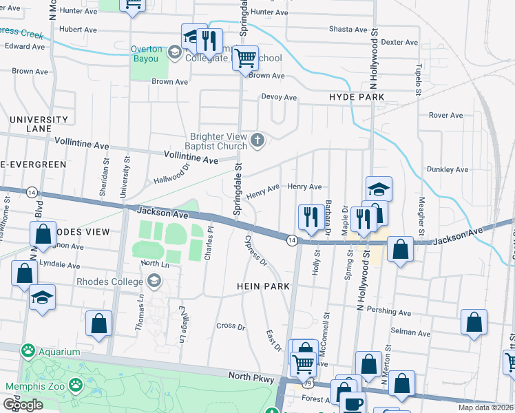 map of restaurants, bars, coffee shops, grocery stores, and more near 867 Cypress Drive in Memphis