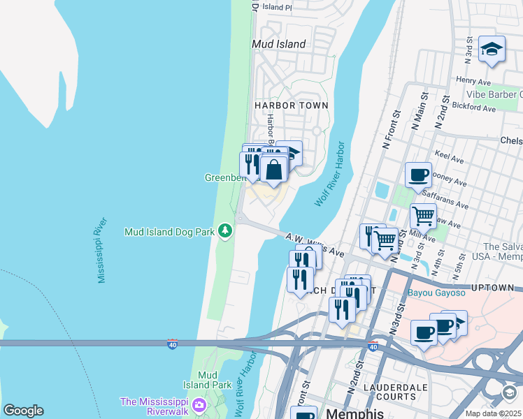 map of restaurants, bars, coffee shops, grocery stores, and more near 1 Harbor Bend Road in Memphis
