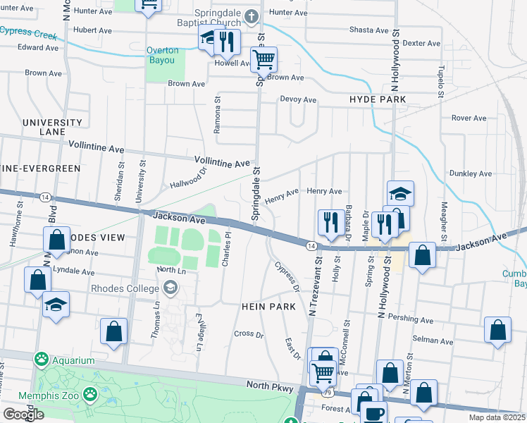 map of restaurants, bars, coffee shops, grocery stores, and more near 867 Cypress Drive in Memphis