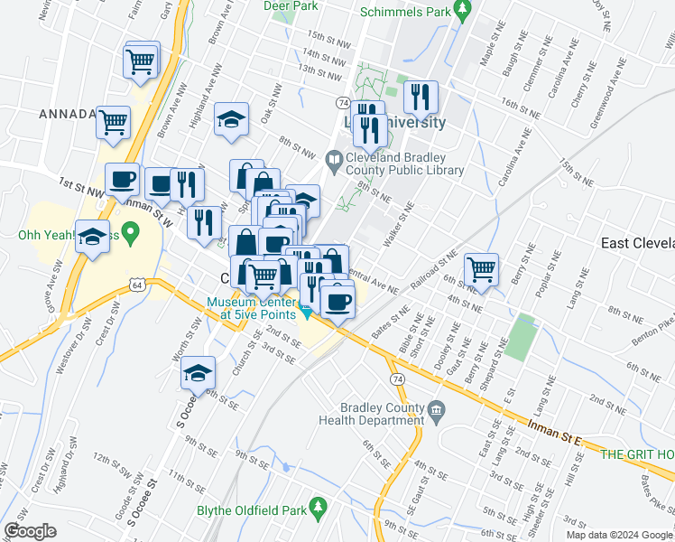 map of restaurants, bars, coffee shops, grocery stores, and more near 260 Parker Street Northeast in Cleveland
