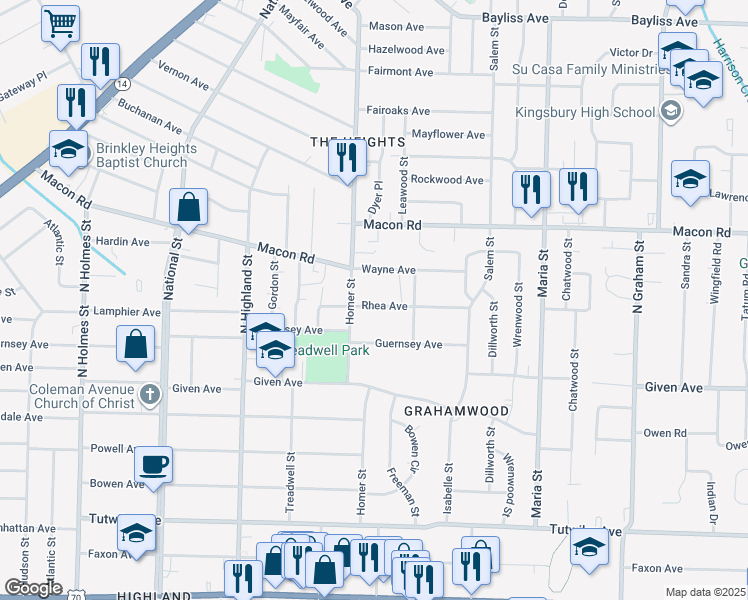 map of restaurants, bars, coffee shops, grocery stores, and more near 3658 Rhea Avenue in Memphis