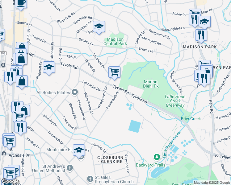 map of restaurants, bars, coffee shops, grocery stores, and more near 5212 Farmbrook Drive in Charlotte