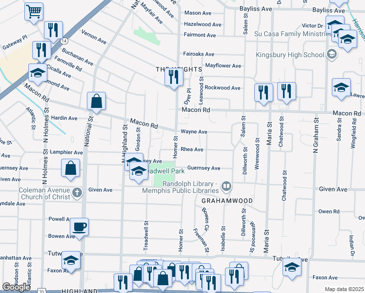 map of restaurants, bars, coffee shops, grocery stores, and more near 3658 Rhea Avenue in Memphis