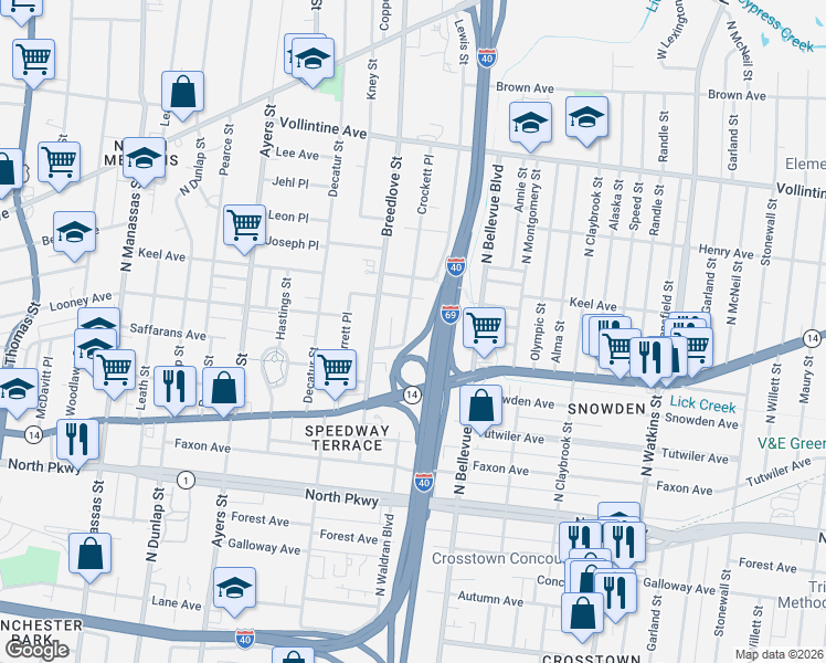 map of restaurants, bars, coffee shops, grocery stores, and more near 744 Crockett Place in Memphis
