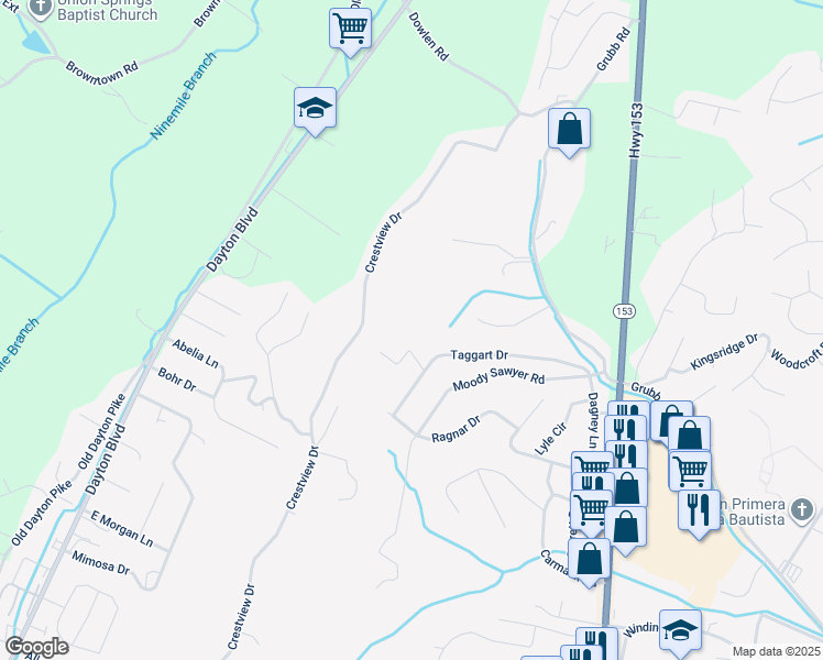 map of restaurants, bars, coffee shops, grocery stores, and more near 5721 Jana Lane in Chattanooga