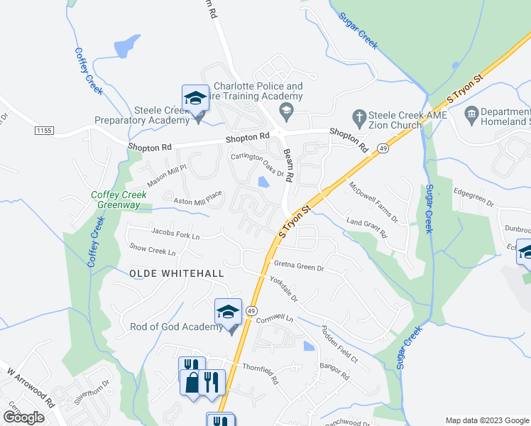 map of restaurants, bars, coffee shops, grocery stores, and more near 2331 Madeline Meadow Drive in Charlotte