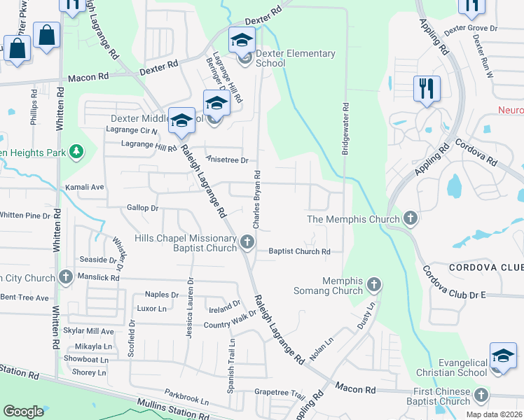 map of restaurants, bars, coffee shops, grocery stores, and more near 1270 Charles Bryan Road in Shelby County