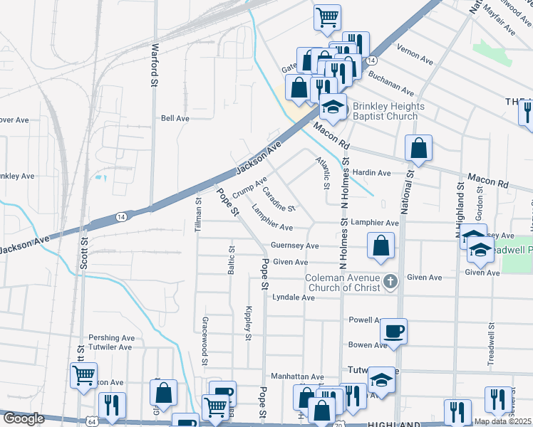 map of restaurants, bars, coffee shops, grocery stores, and more near 3129 Lamphier Avenue in Memphis