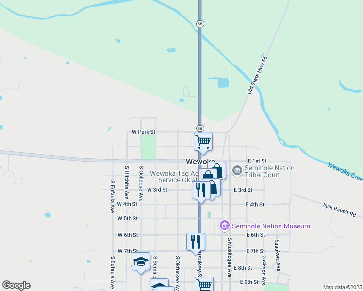 map of restaurants, bars, coffee shops, grocery stores, and more near 200 North Okfuskee Avenue in Wewoka