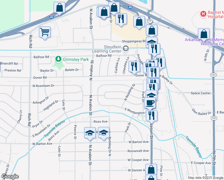 map of restaurants, bars, coffee shops, grocery stores, and more near 326 North Worthington Drive in West Memphis