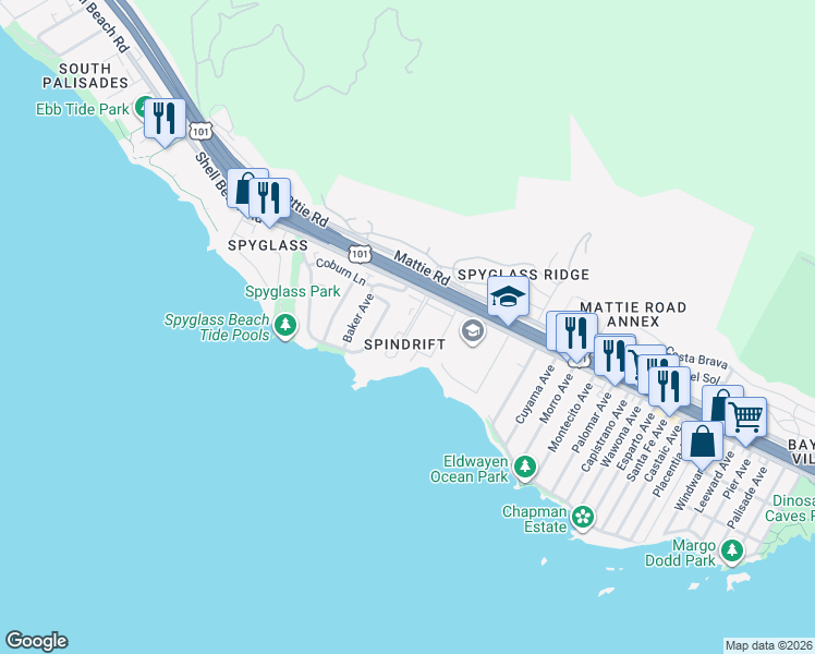 map of restaurants, bars, coffee shops, grocery stores, and more near 129 Park Place in Pismo Beach