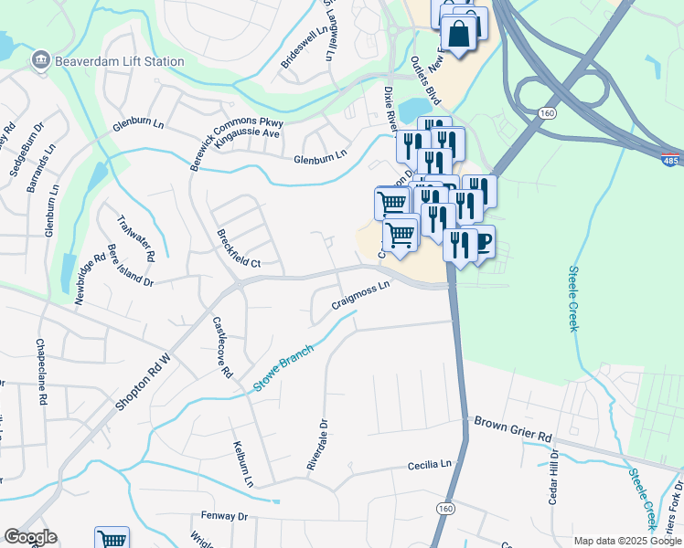 map of restaurants, bars, coffee shops, grocery stores, and more near 9849 Shopton Rd W in Charlotte