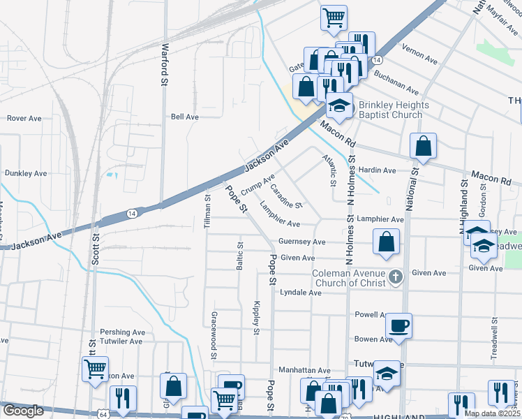 map of restaurants, bars, coffee shops, grocery stores, and more near 3129 Lamphier Avenue in Memphis