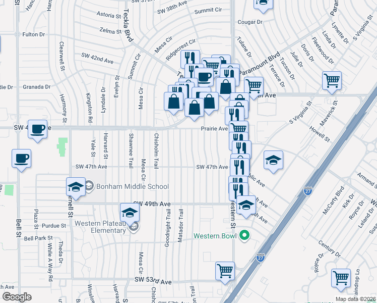 map of restaurants, bars, coffee shops, grocery stores, and more near 4612 Oregon Trail in Amarillo