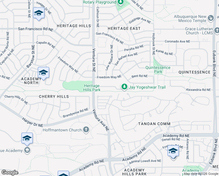 map of restaurants, bars, coffee shops, grocery stores, and more near 9128 Redmont Road Northeast in Albuquerque