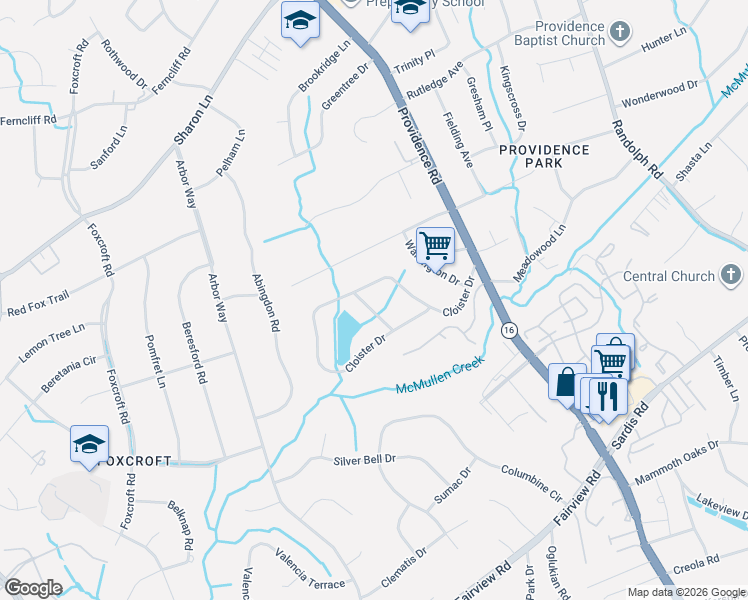 map of restaurants, bars, coffee shops, grocery stores, and more near 3615 Pickwick Lane in Charlotte