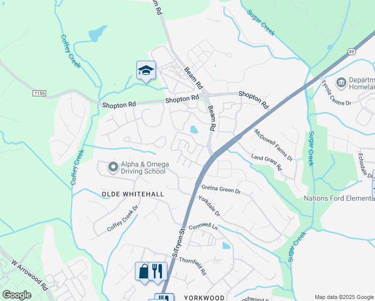 map of restaurants, bars, coffee shops, grocery stores, and more near 7345 Adare Mews Road in Charlotte