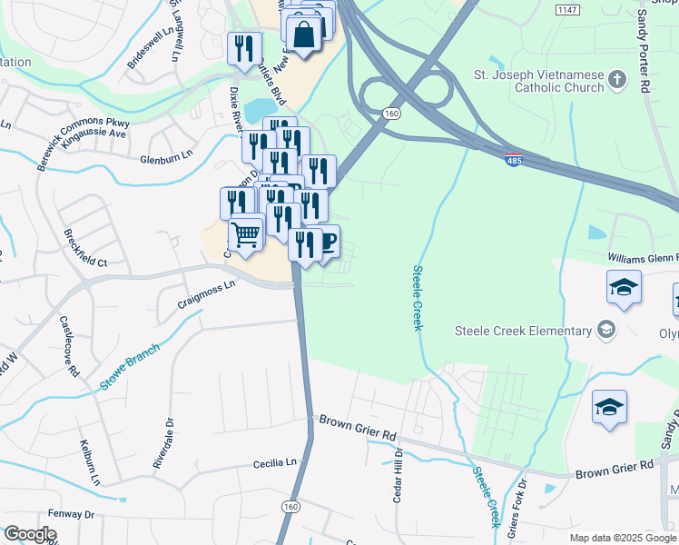 map of restaurants, bars, coffee shops, grocery stores, and more near 9617 North Carolina 160 in Charlotte