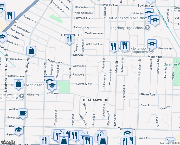 map of restaurants, bars, coffee shops, grocery stores, and more near 3752 Rhea Avenue in Memphis