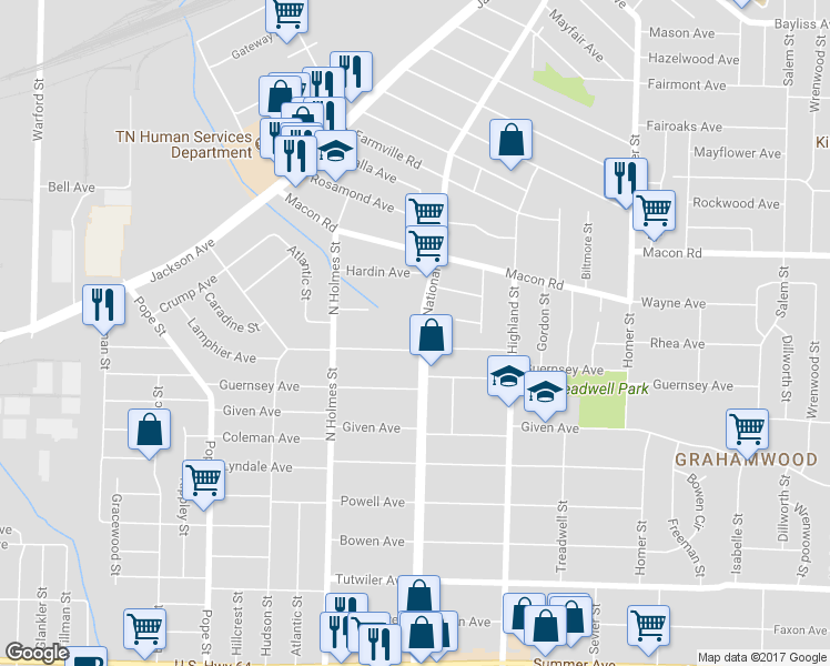 map of restaurants, bars, coffee shops, grocery stores, and more near 1019 National Street in Memphis