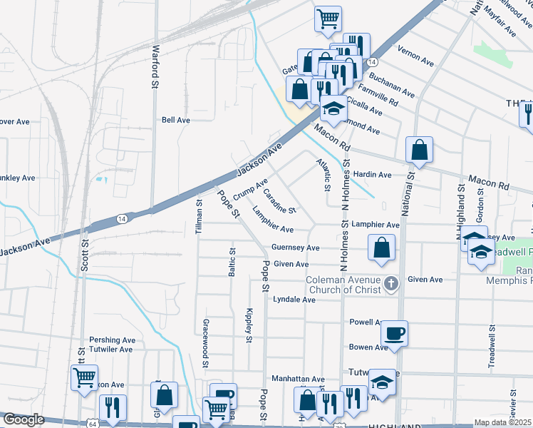 map of restaurants, bars, coffee shops, grocery stores, and more near 3129 Lamphier Avenue in Memphis