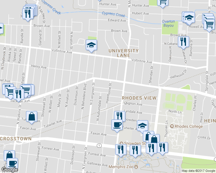 map of restaurants, bars, coffee shops, grocery stores, and more near 1790 Crump Avenue in Memphis