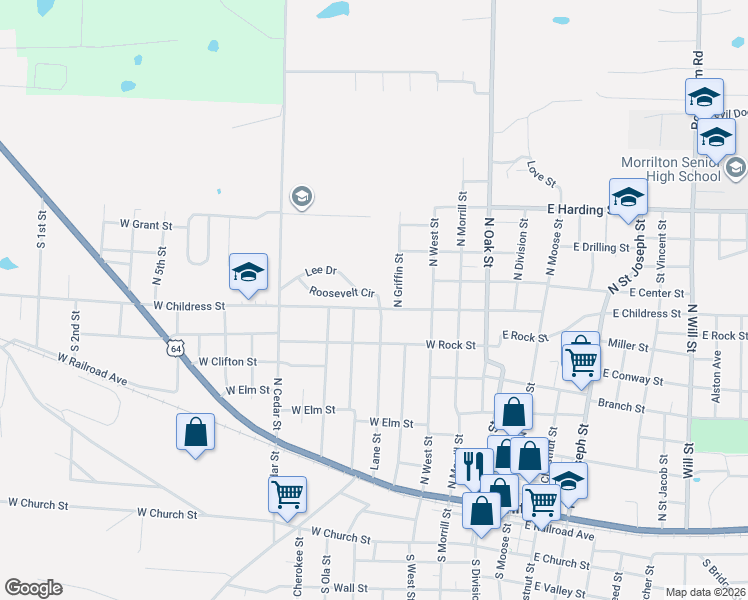 map of restaurants, bars, coffee shops, grocery stores, and more near 101 Roosevelt Circle in Morrilton