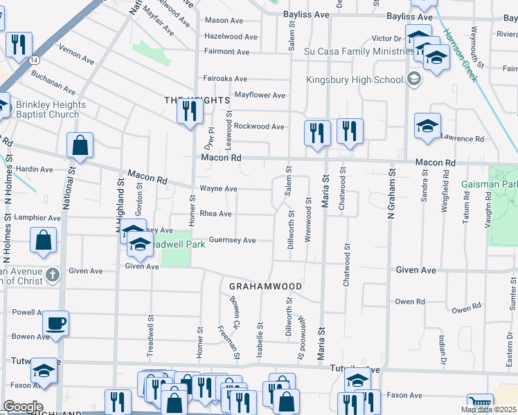 map of restaurants, bars, coffee shops, grocery stores, and more near 3752 Rhea Avenue in Memphis